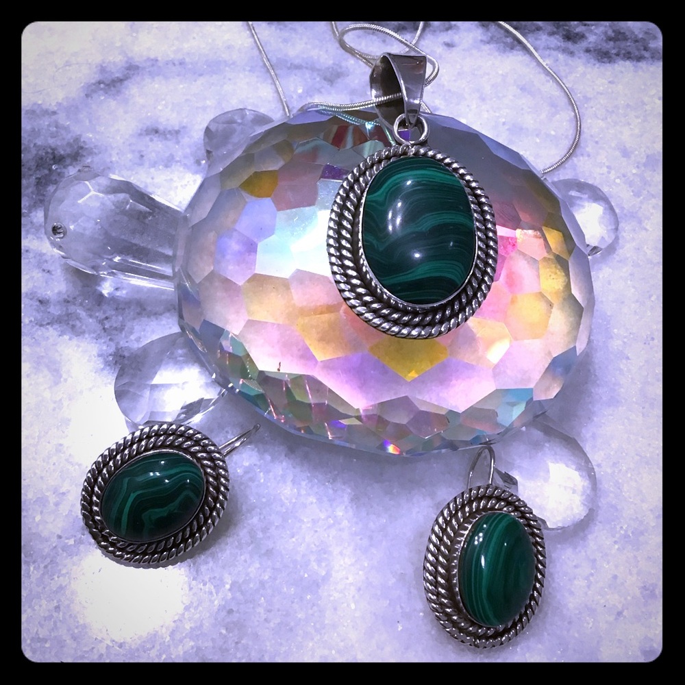 Vintage Malachite & Sterling Silver Pendant and Earrings